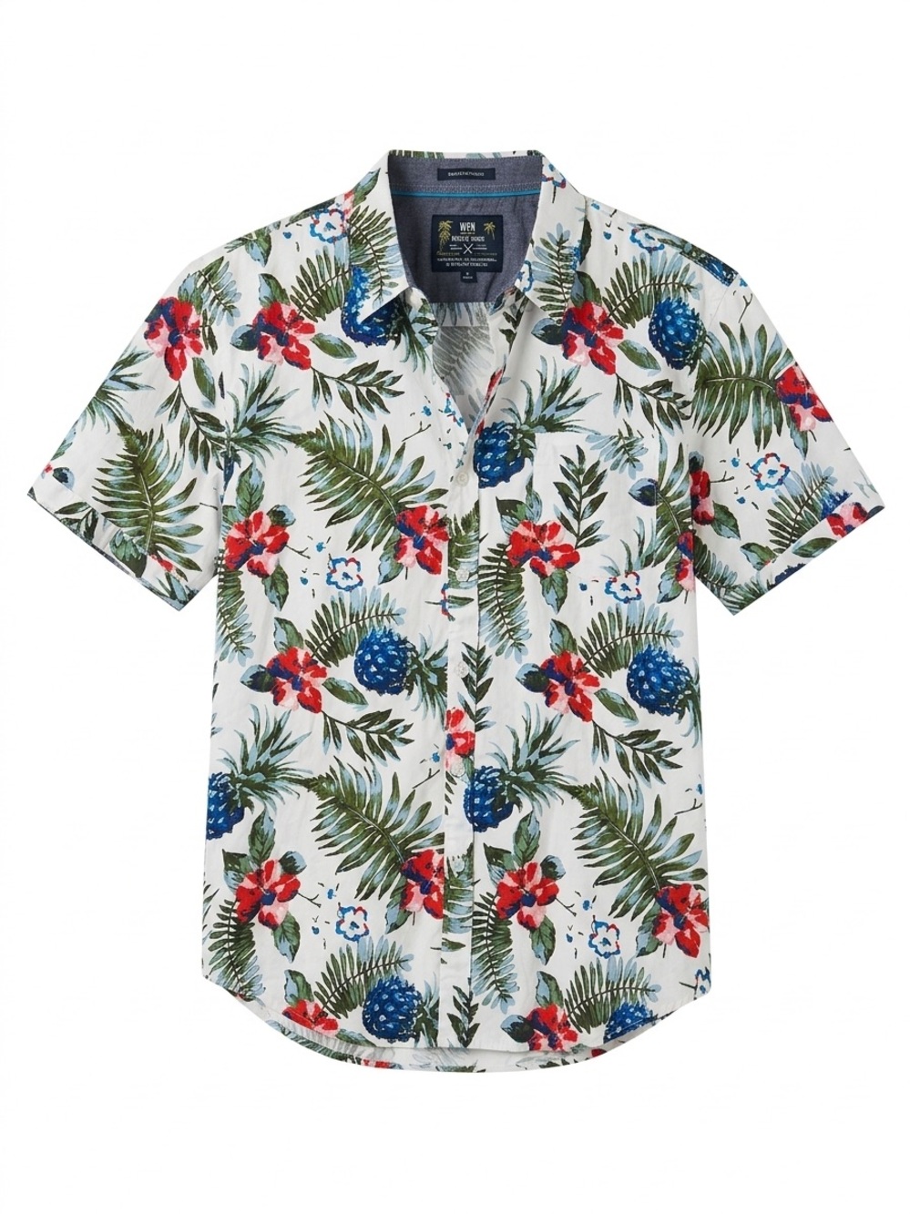 Men's Floral Short-Sleeve Button-Up Shirt - White with Green, Blue & Red Print.